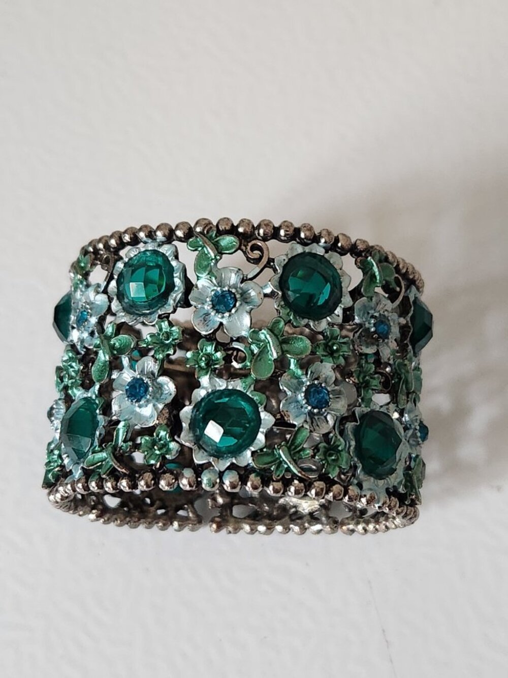 Blue Green Floral Stretch Cuff Bangle